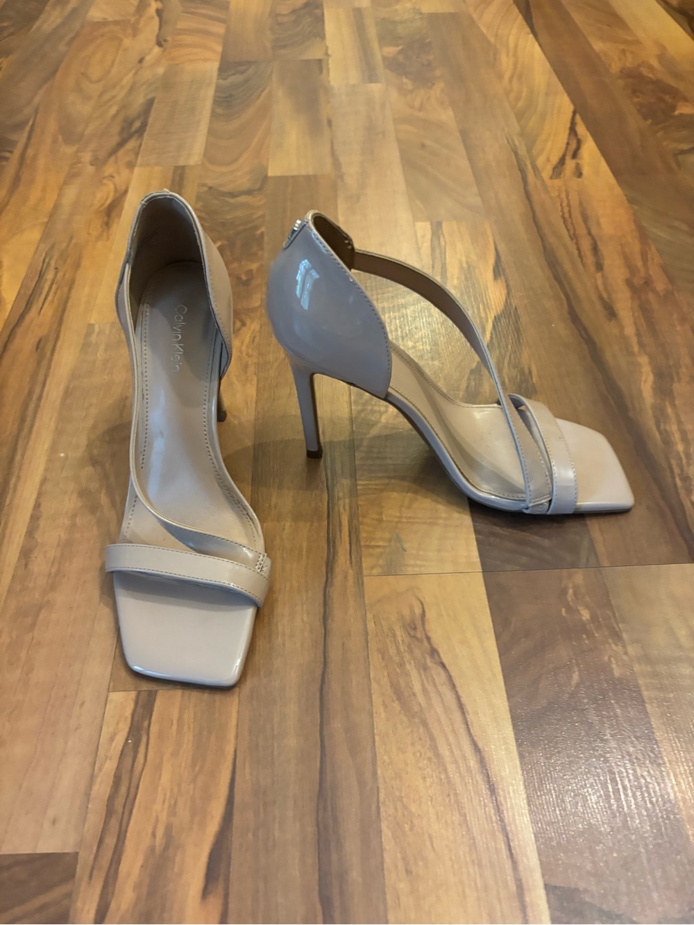 Calvin Klein Tracy Beige Patent Leather Square-Toe Stiletto Sandals